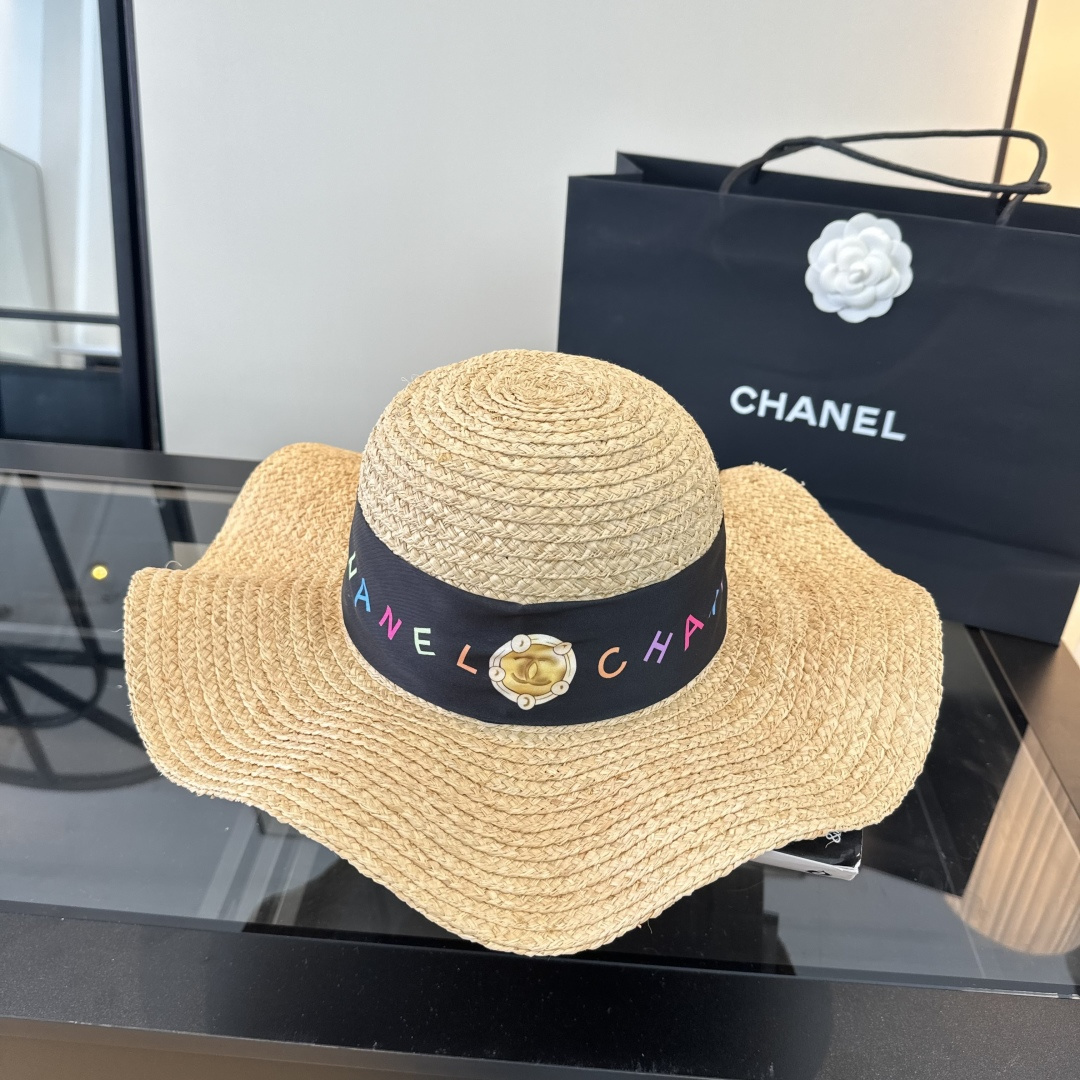 Chanel Chanel香奈儿拉菲草帽，波浪边遮阳帽，头围57cm