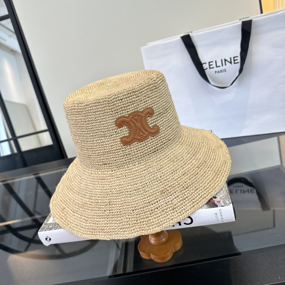 Celine Celine赛琳凯旋门logo拉菲草盆帽