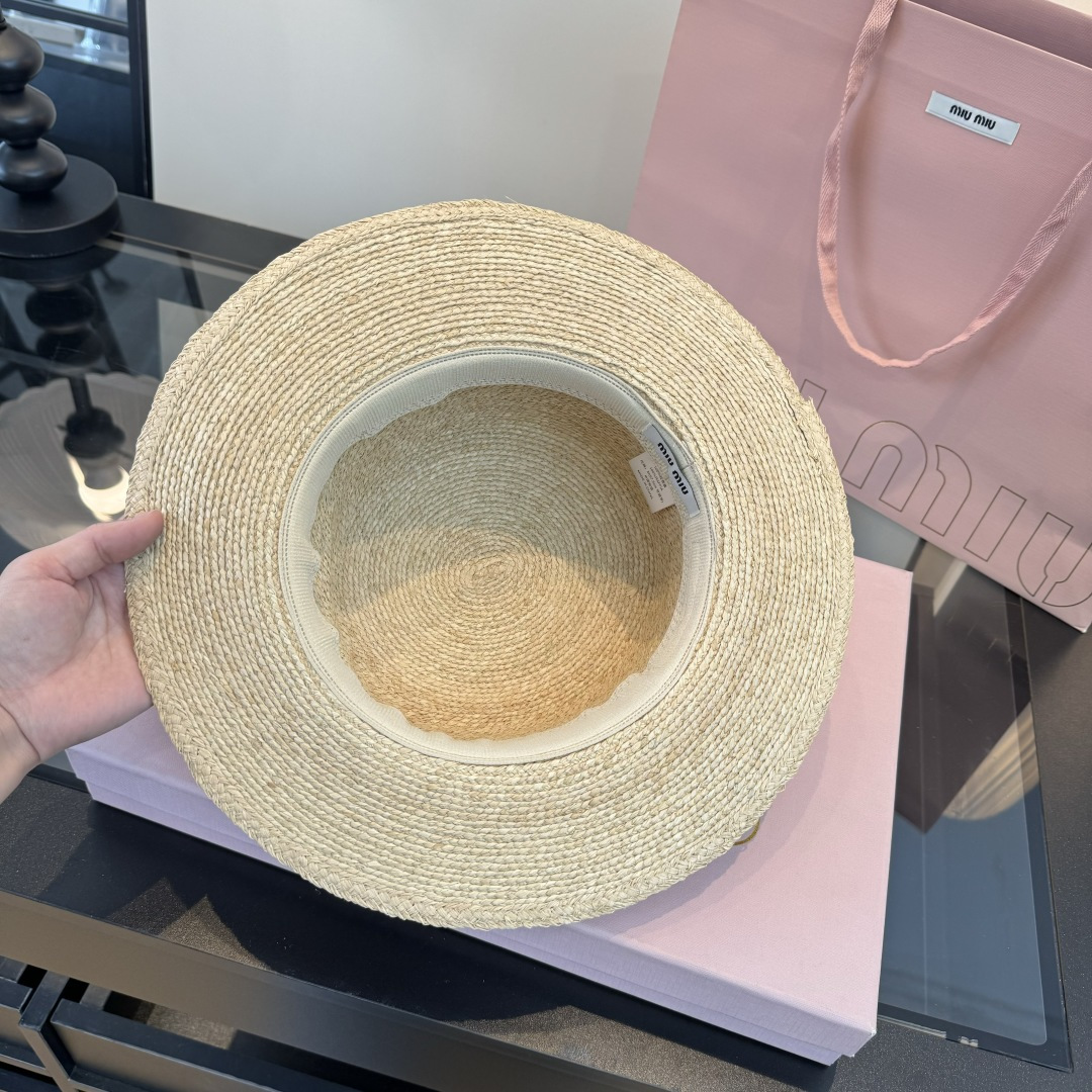 Pmiumiu缪缪拉菲草平顶草帽，头围57cm