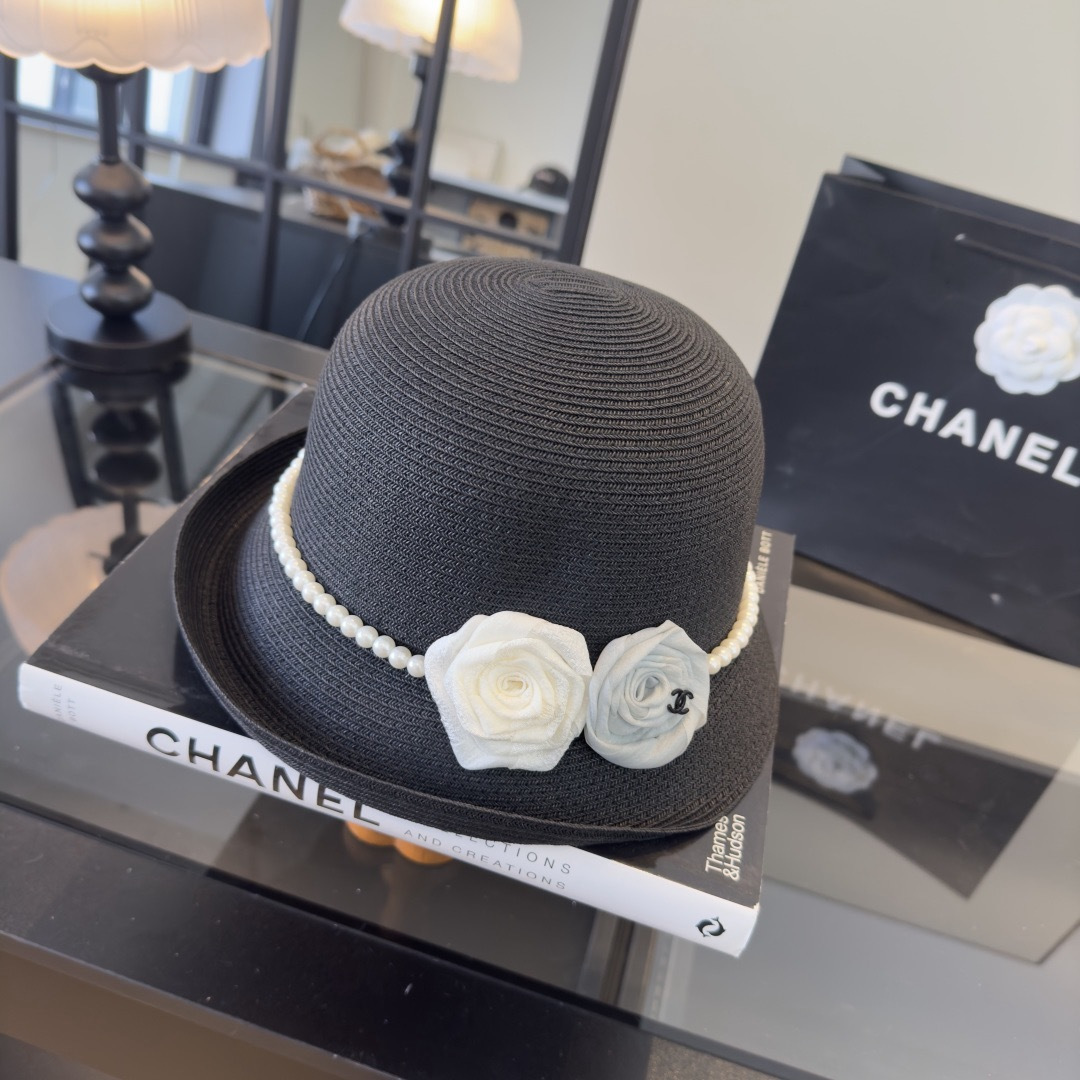 P Chanel香奈儿新款珍珠链盆帽草帽，小清新，头围57cm