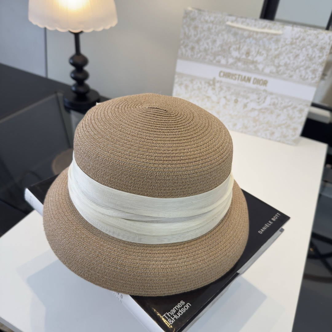 DIOR Organza Ribbon Pearl Rhinestone Straw Hat