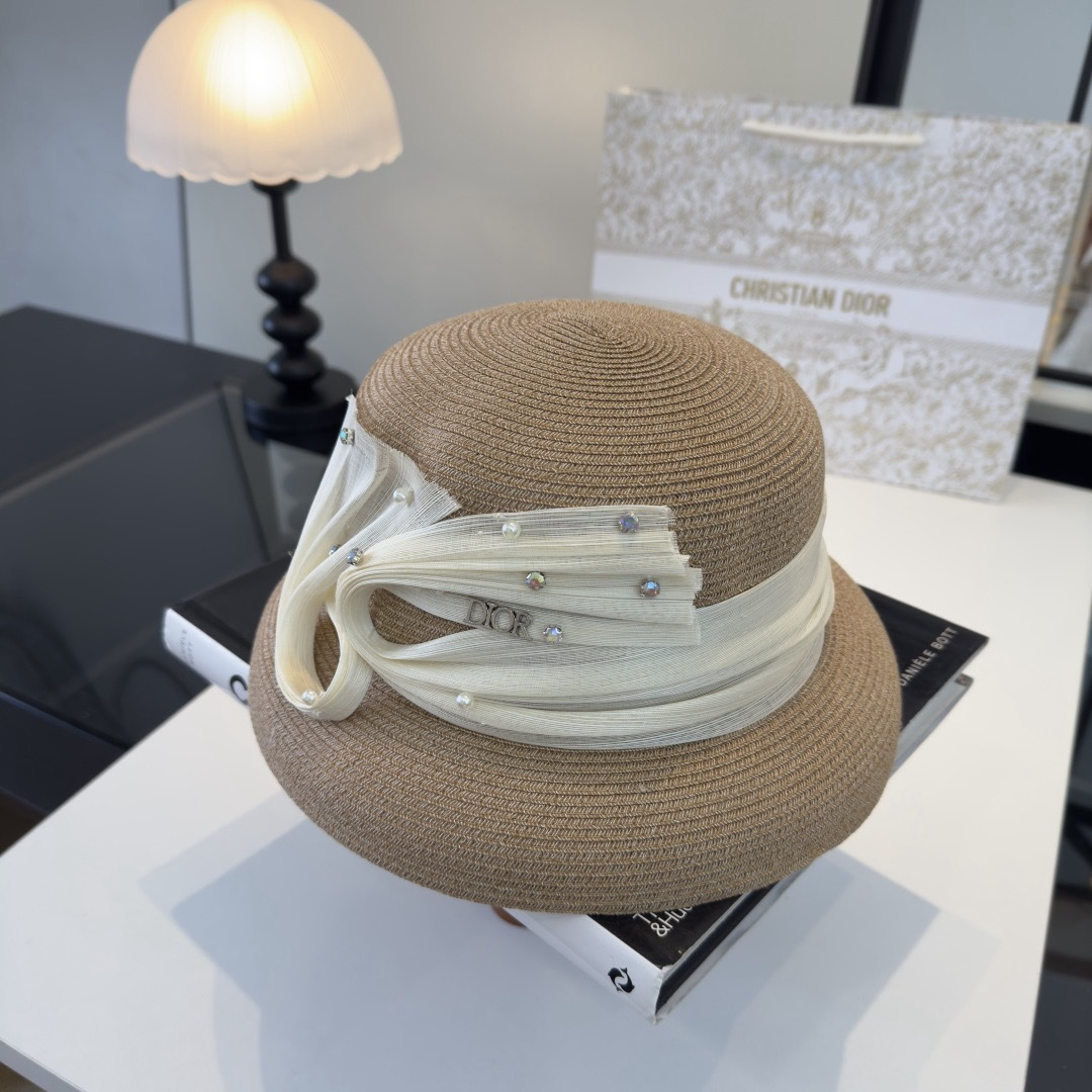 DIOR Organza Ribbon Pearl Rhinestone Straw Hat