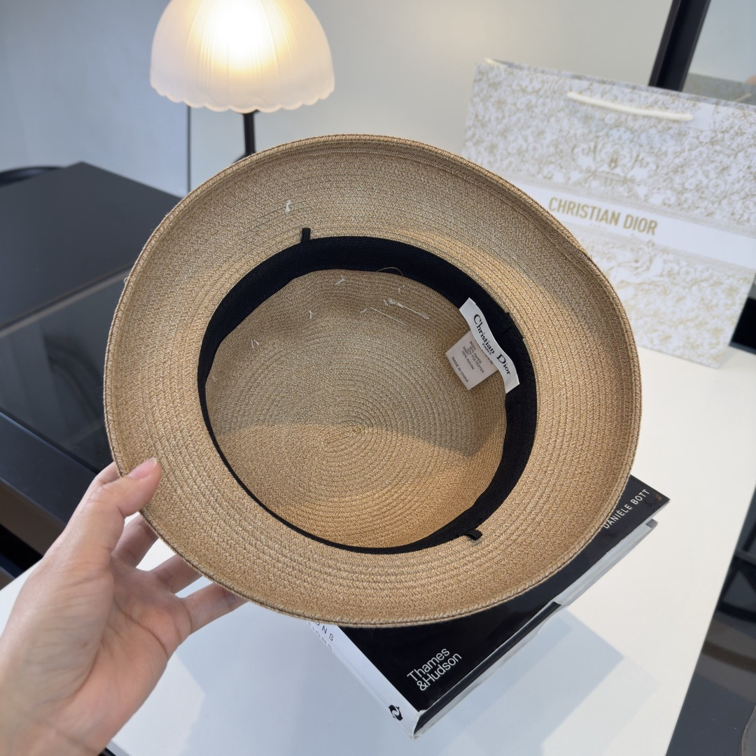 DIOR Organza Ribbon Pearl Rhinestone Straw Hat