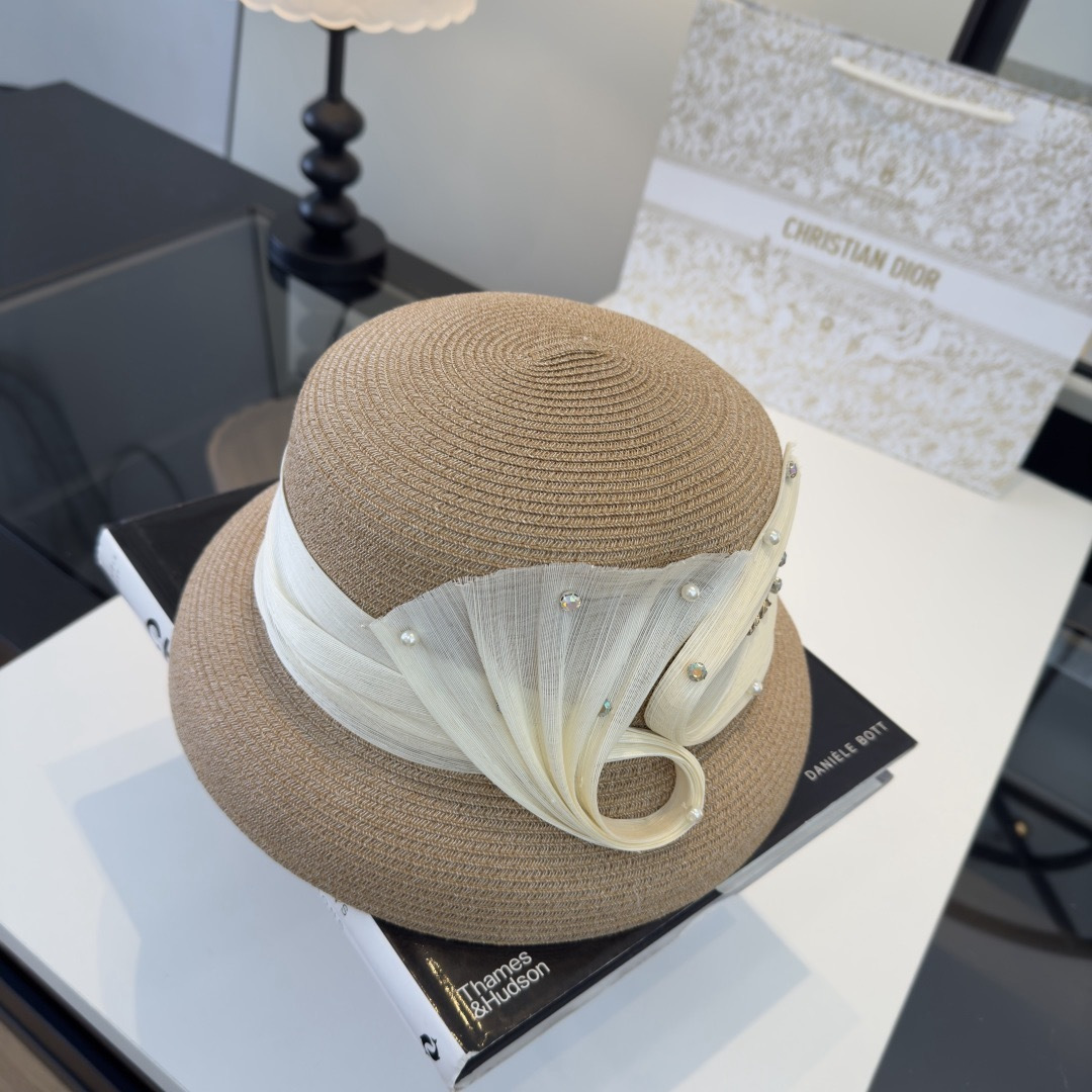 DIOR Organza Ribbon Pearl Rhinestone Straw Hat