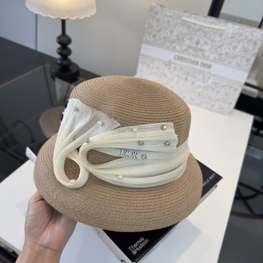 DIOR Organza Ribbon Pearl Rhinestone Straw Hat