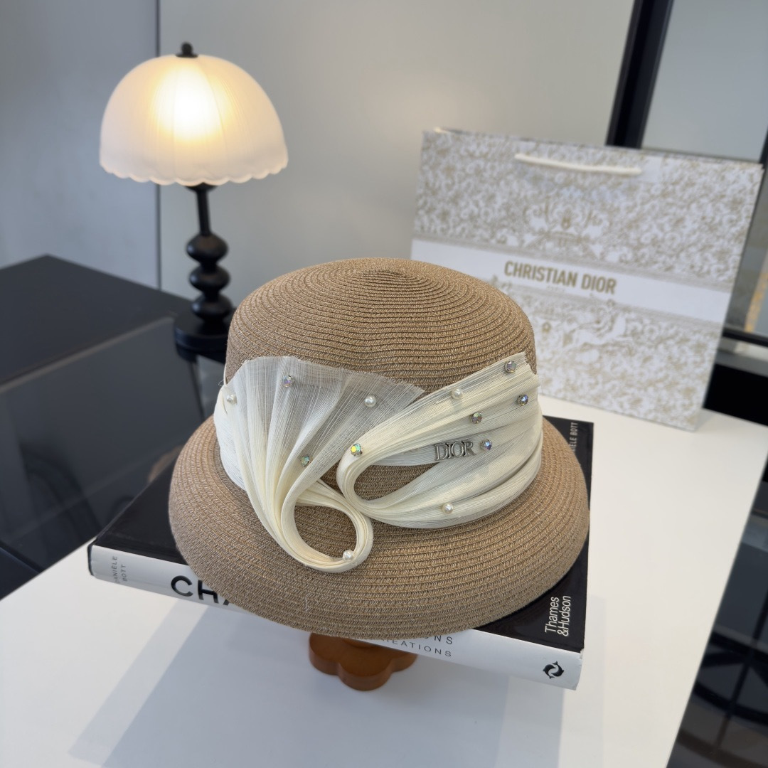 DIOR Organza Ribbon Pearl Rhinestone Straw Hat