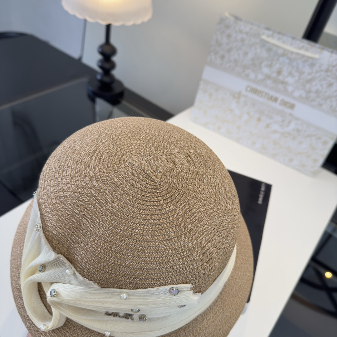 DIOR Organza Ribbon Pearl Rhinestone Straw Hat