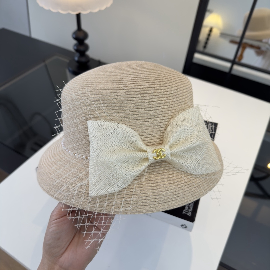 CHANEL Tulle Bow Pearl Straw Hat