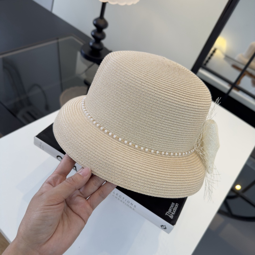 CHANEL Tulle Bow Pearl Straw Hat