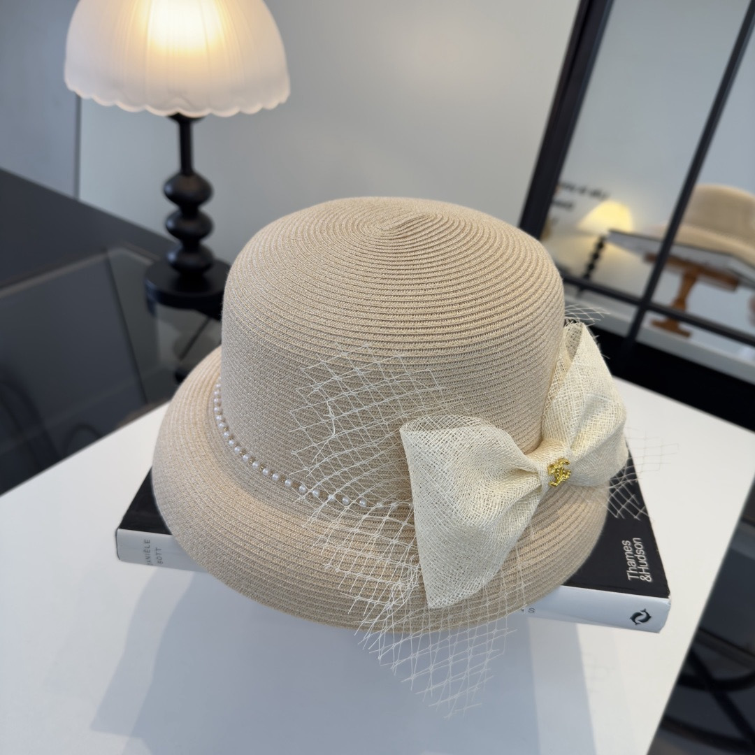 CHANEL Tulle Bow Pearl Straw Hat