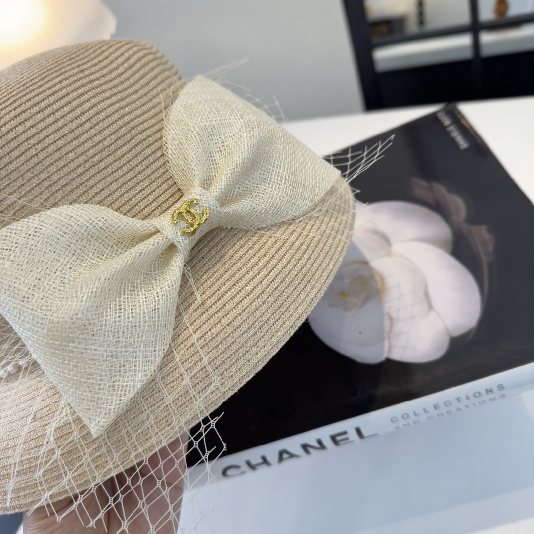 CHANEL Tulle Bow Pearl Straw Hat