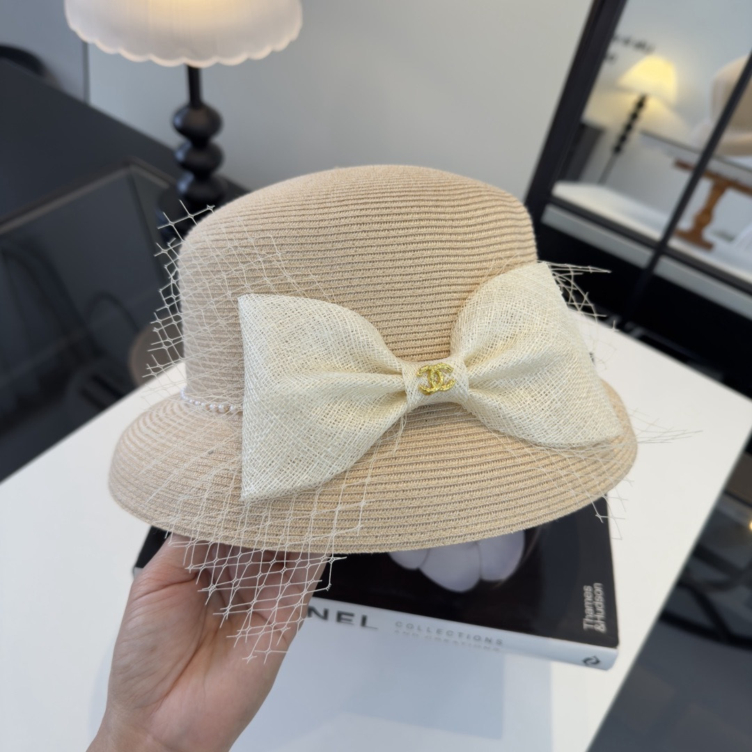 CHANEL Tulle Bow Pearl Straw Hat