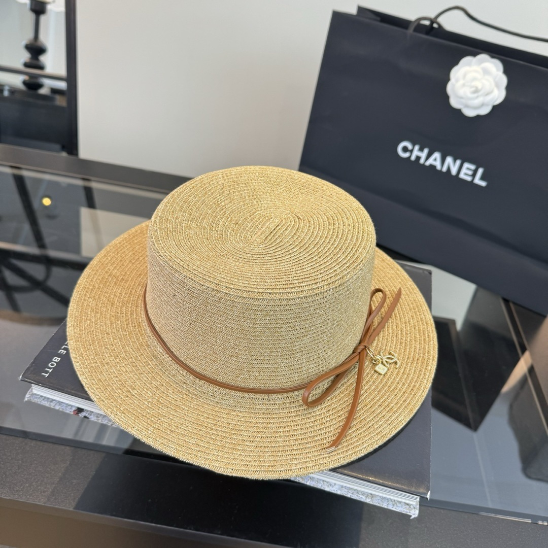 P Chanel香奈儿平顶草帽，细草制作，头围57cm