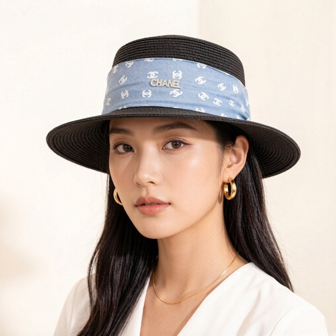 P Chanel香奈儿平顶礼帽，遮阳草帽，头围57cm