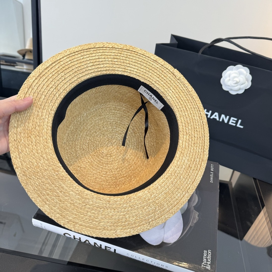 CHANEL Pearl Camellia Straw Hat