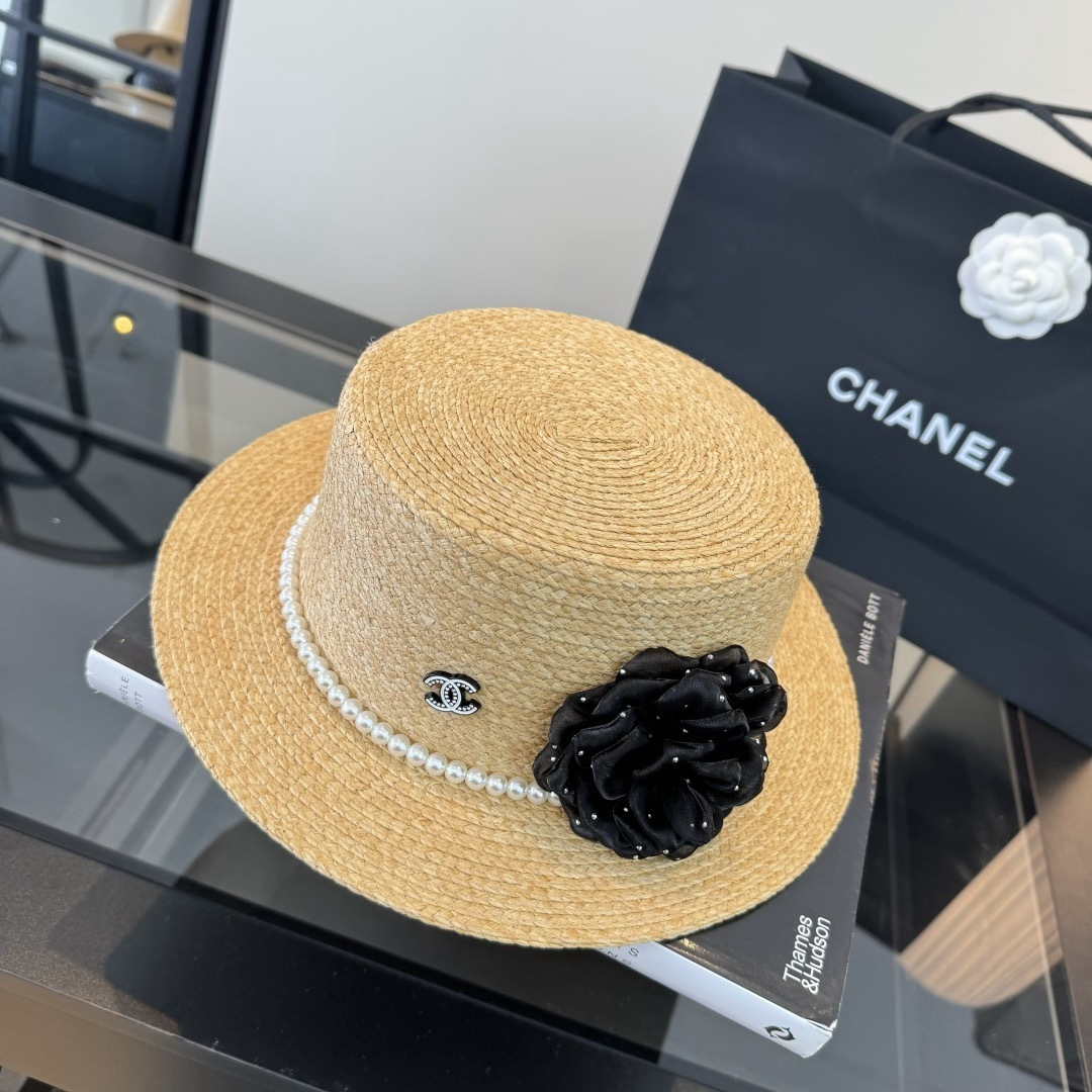 CHANEL Pearl Camellia Straw Hat