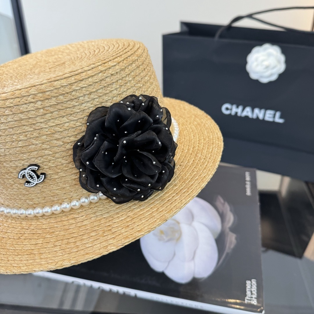 CHANEL Pearl Camellia Straw Hat