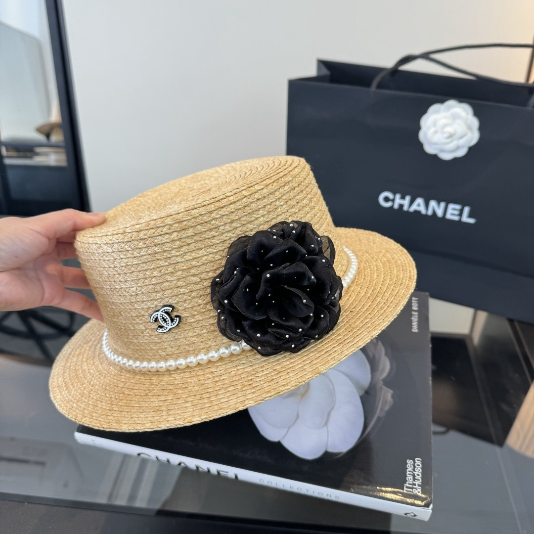CHANEL Pearl Camellia Straw Hat