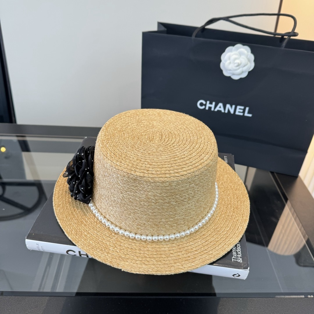 CHANEL Pearl Camellia Straw Hat