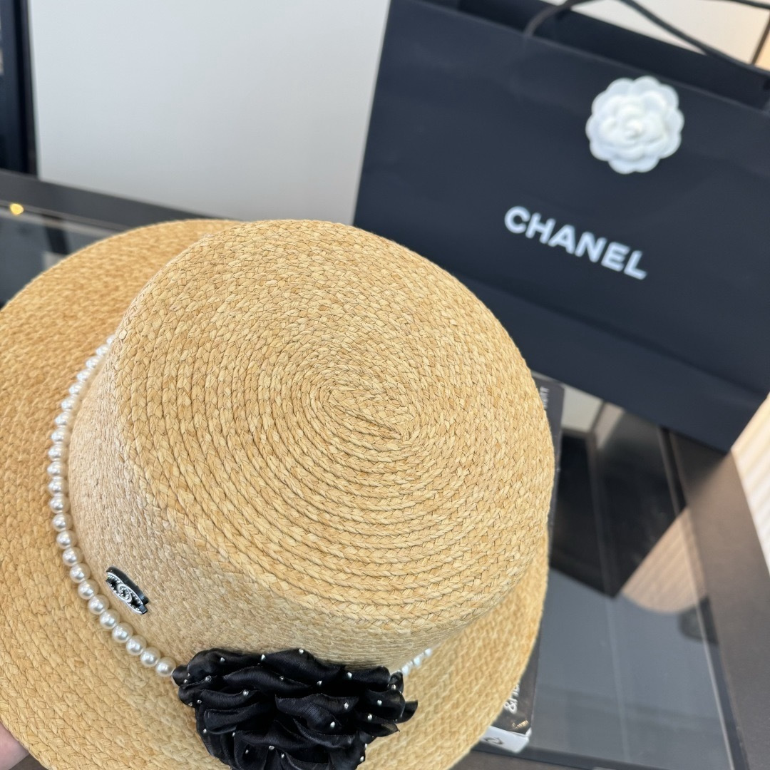 CHANEL Pearl Camellia Straw Hat