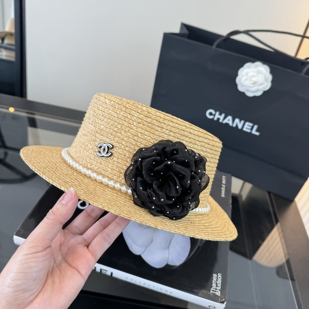 CHANEL Pearl Camellia Straw Hat