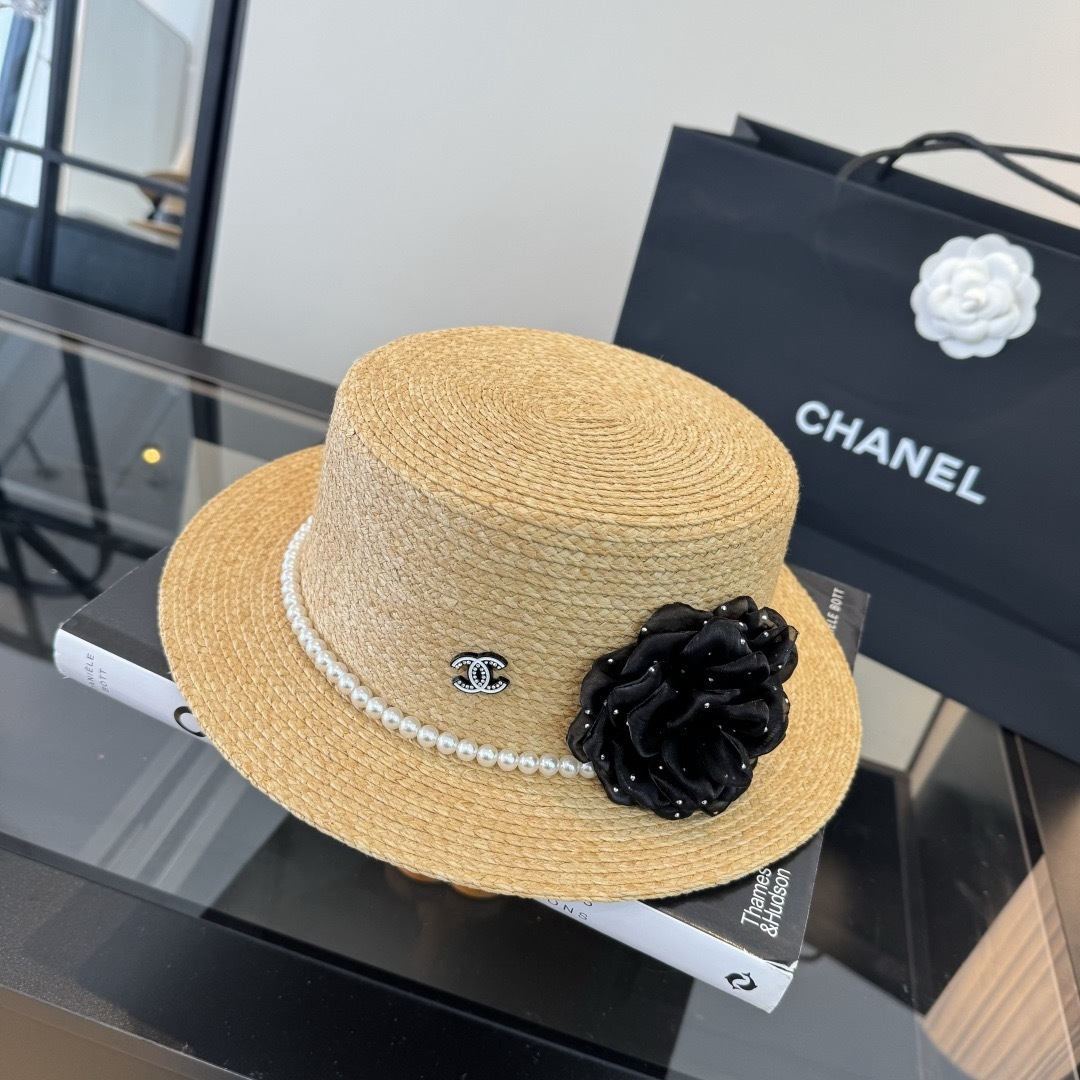 CHANEL Pearl Camellia Straw Hat