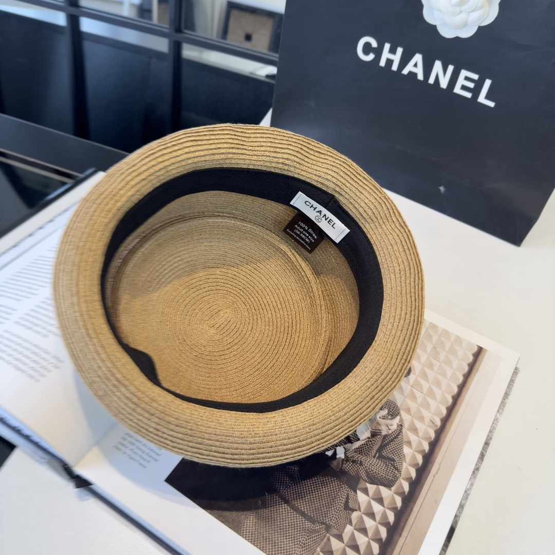 CHANEL Printed Ribbon Straw Hat