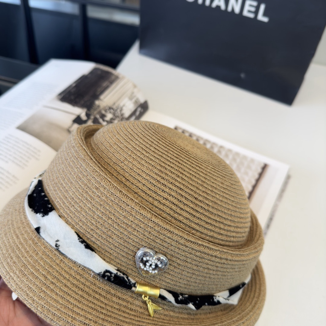 CHANEL Printed Ribbon Straw Hat