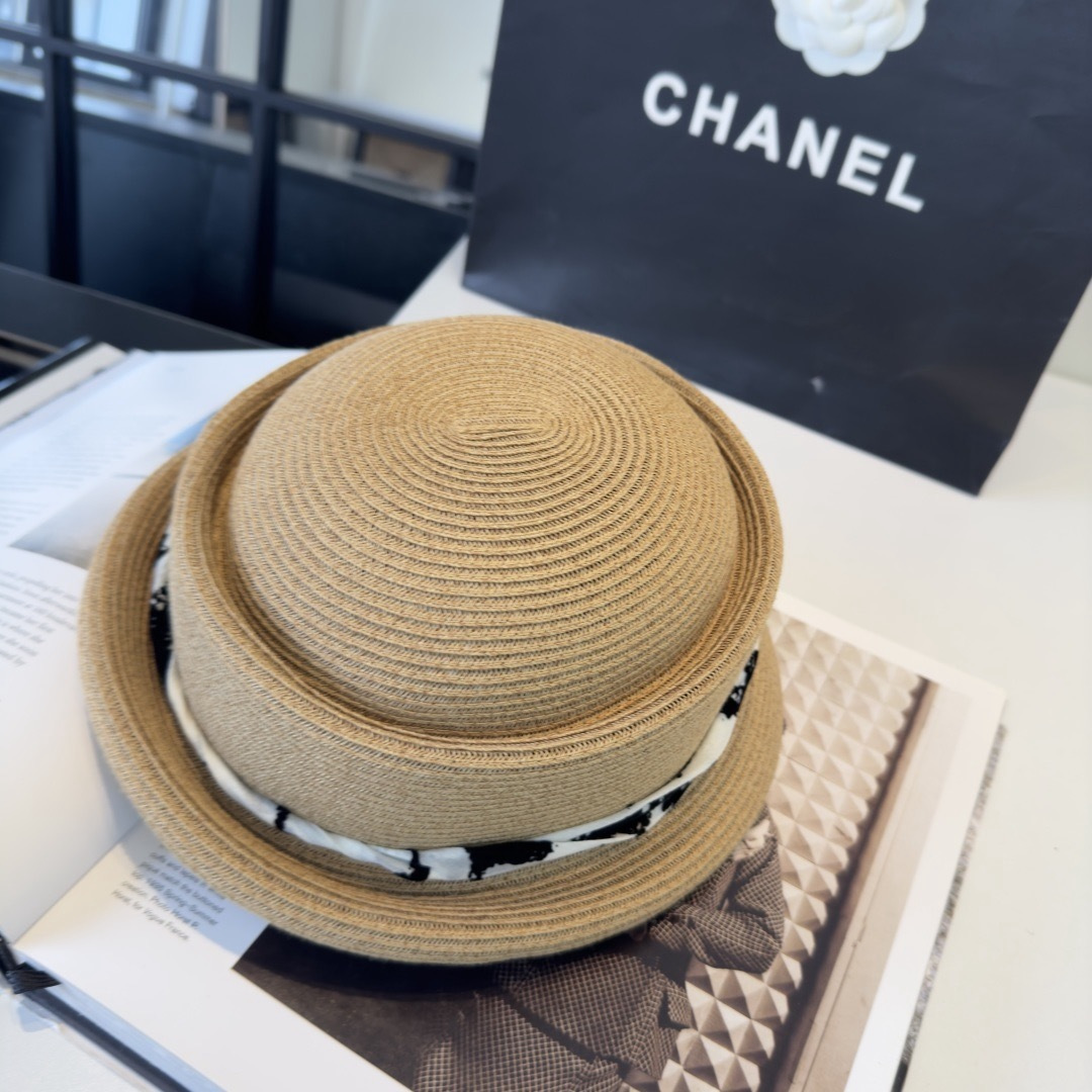 CHANEL Printed Ribbon Straw Hat