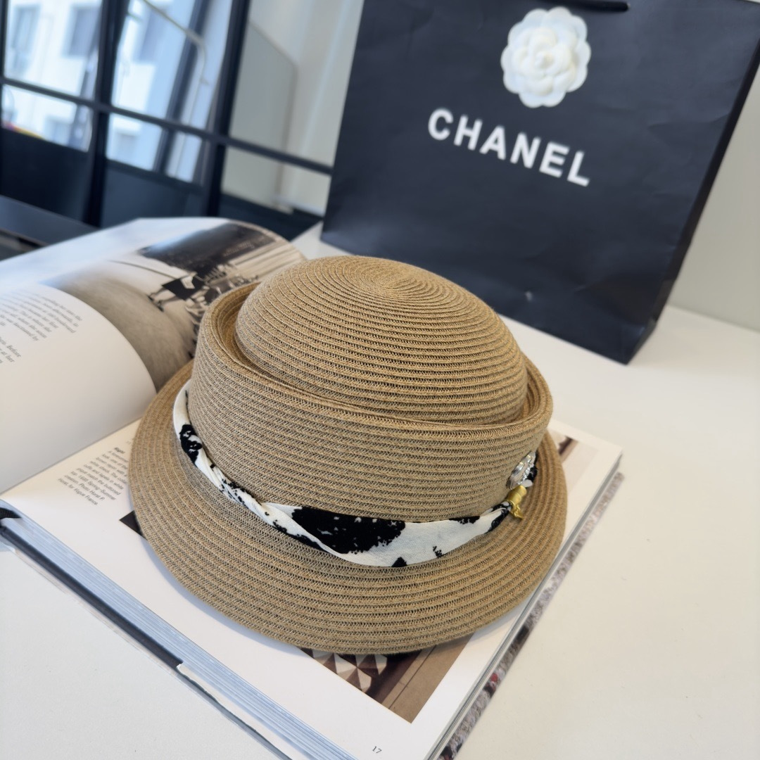 CHANEL Printed Ribbon Straw Hat