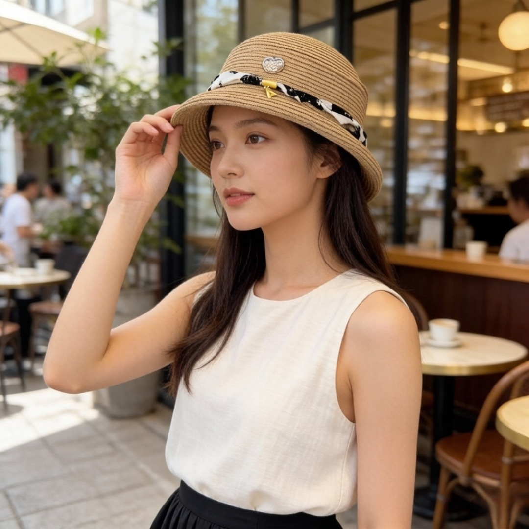 CHANEL Printed Ribbon Straw Hat