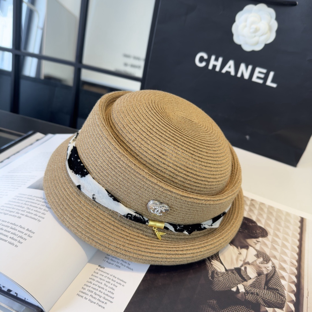 CHANEL Printed Ribbon Straw Hat