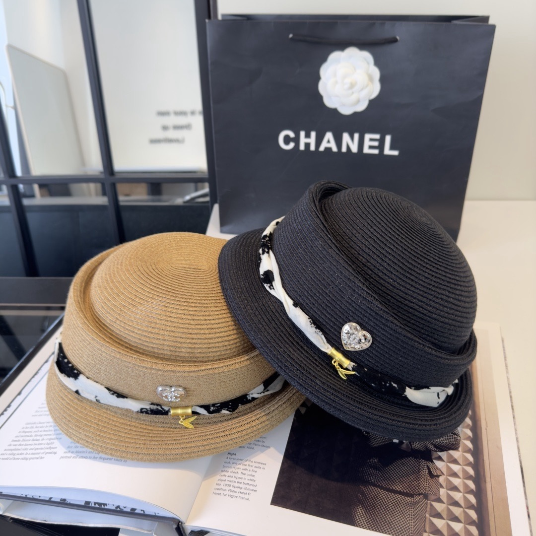 CHANEL Printed Ribbon Straw Hat