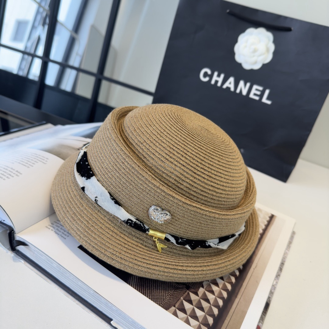 CHANEL Printed Ribbon Straw Hat