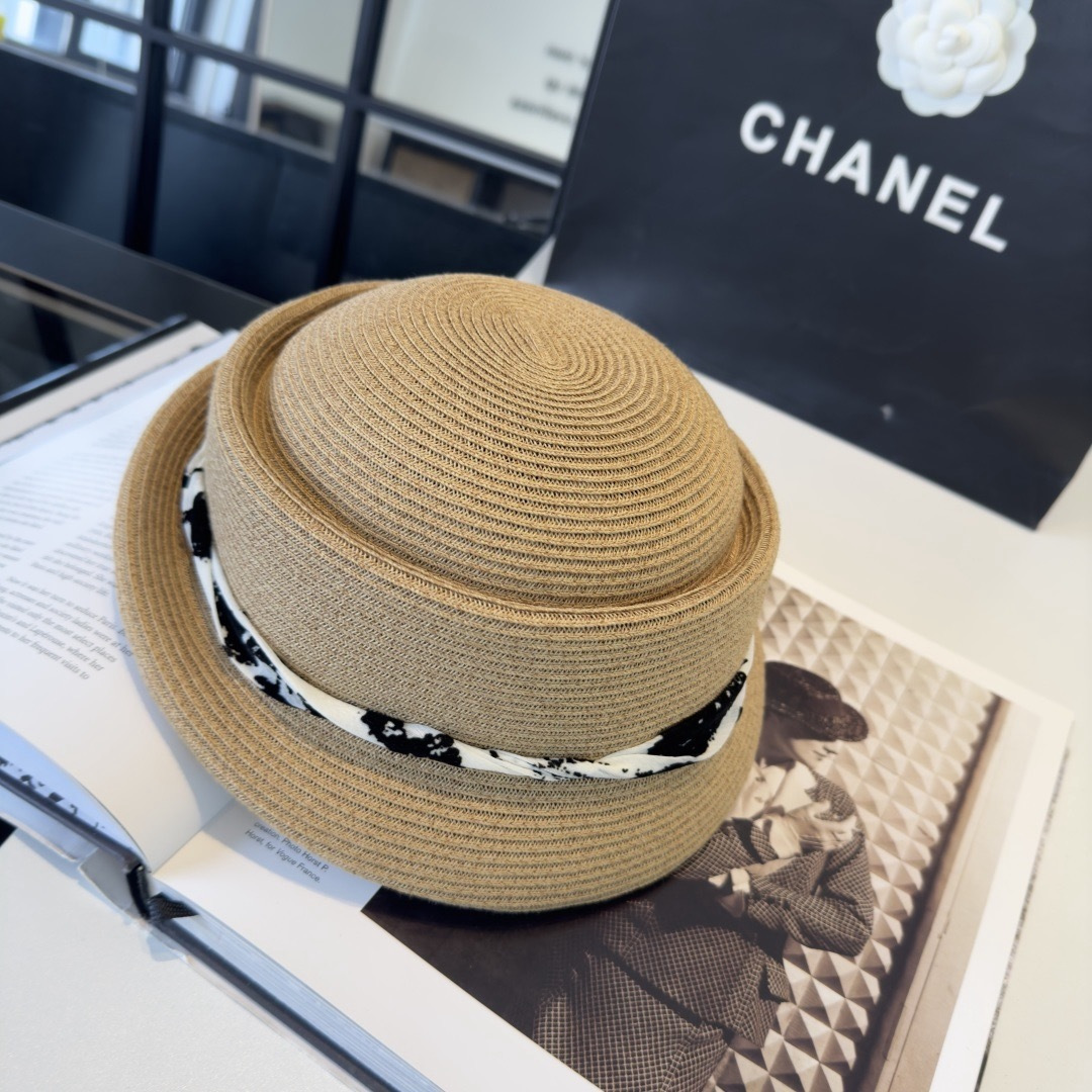 CHANEL Printed Ribbon Straw Hat