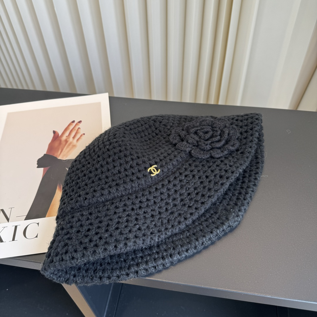 CHANEL Hand Crochet Camellia CC Knit Bucket Hat