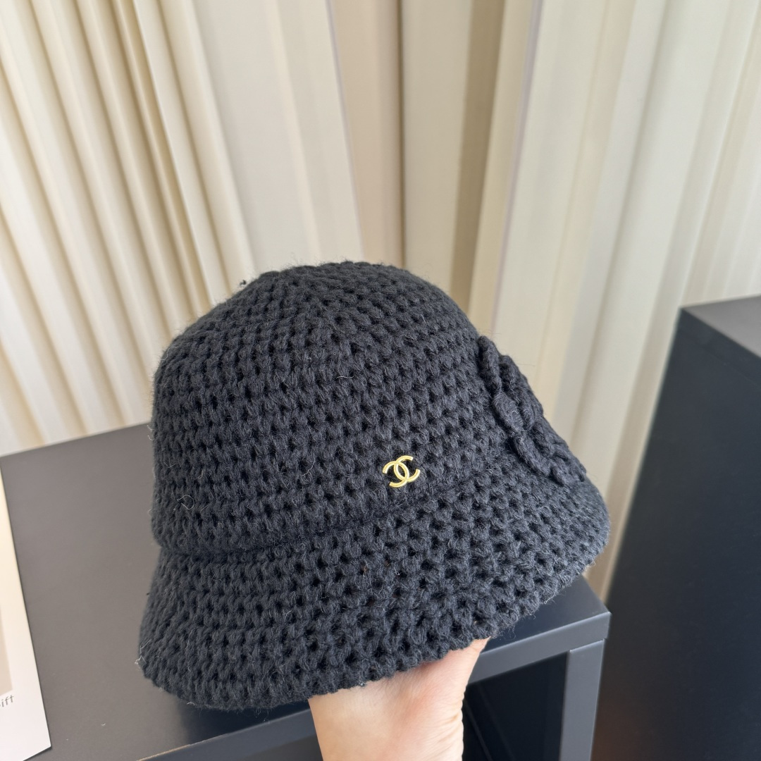 CHANEL Hand Crochet Camellia CC Knit Bucket Hat