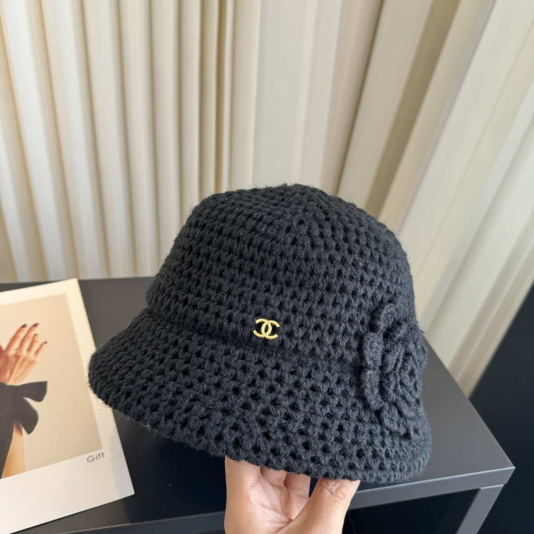 CHANEL Hand Crochet Camellia CC Knit Bucket Hat