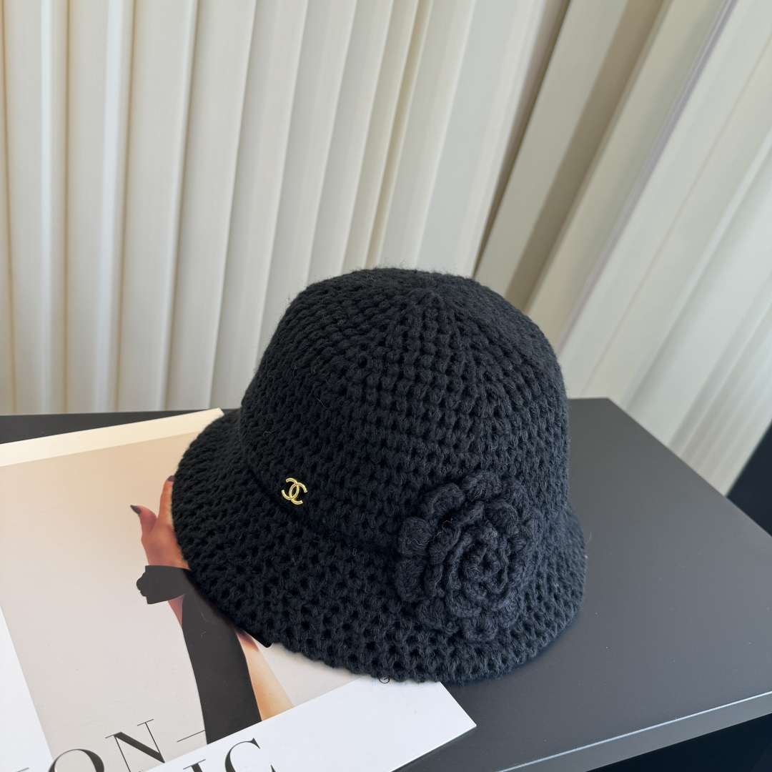 CHANEL Hand Crochet Camellia CC Knit Bucket Hat