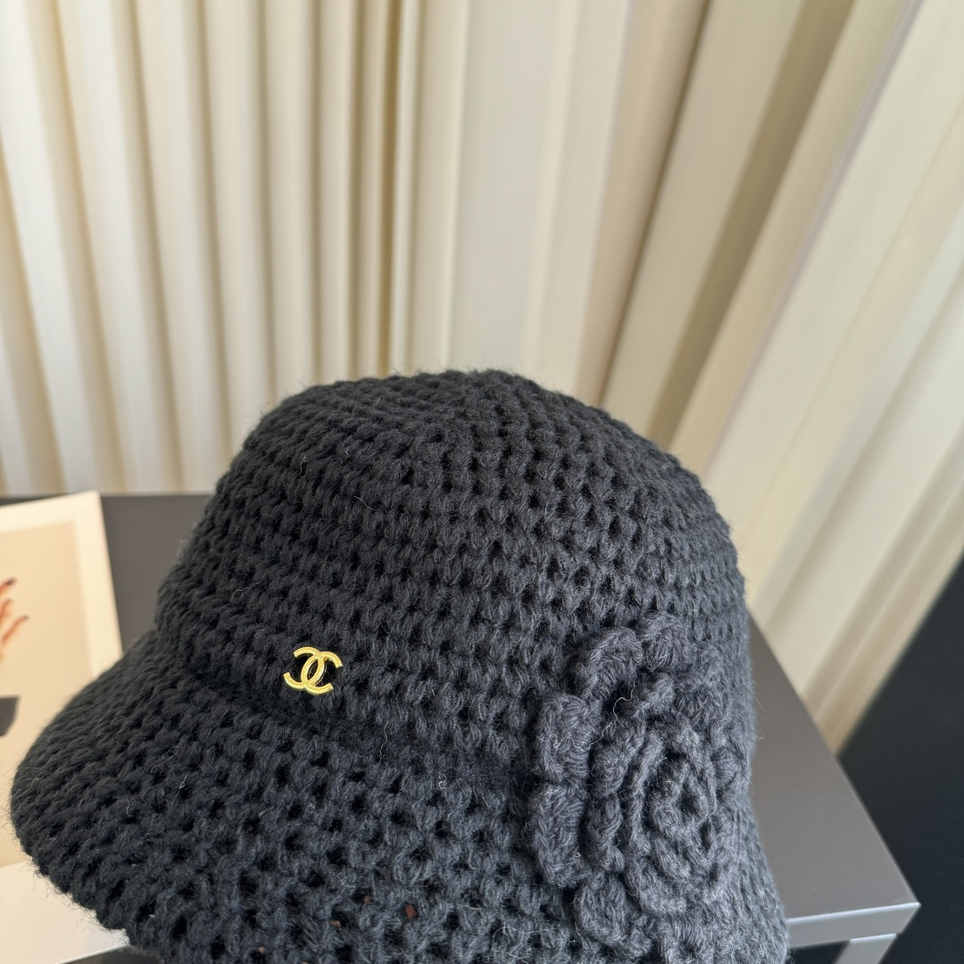 CHANEL Hand Crochet Camellia CC Knit Bucket Hat