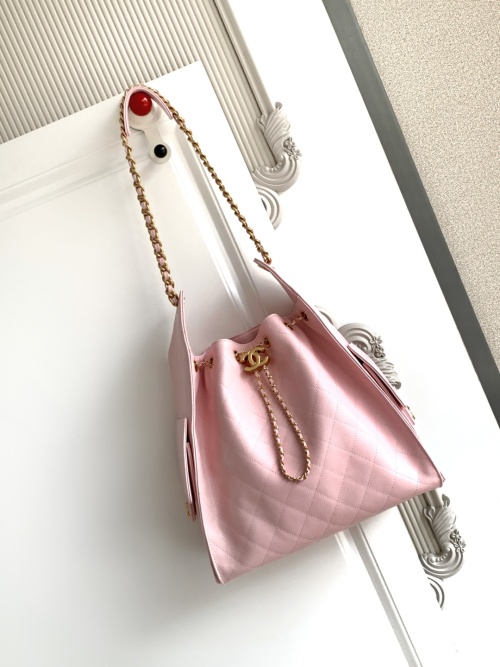 Chanel Pink Leather Hobo Bucket Bag with Chain Drawstring, 40x30x15cm 1 Chanel Pink Leather Hobo Bucket Bag with Chain Drawstring, 40x30x15cm
