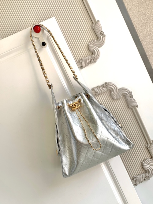 Chanel 25 Silver Leather Hobo Bag with Chain & Coin Accent 1 Chanel 25 Silver Leather Hobo Bag with Chain & Coin Accent