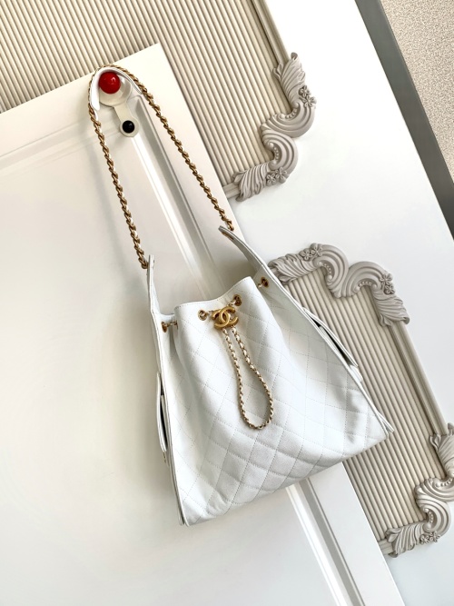 Chanel White Leather Quilted Drawstring Bucket Bag with Chain Detail 1 Chanel White Leather Quilted Drawstring Bucket Bag with Chain Detail