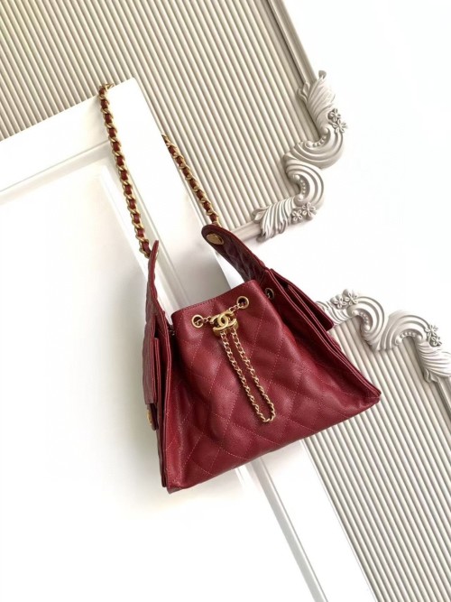 Chanel 25C Red Leather Hobo Bucket Bag with Gold Chain and Coin Details
