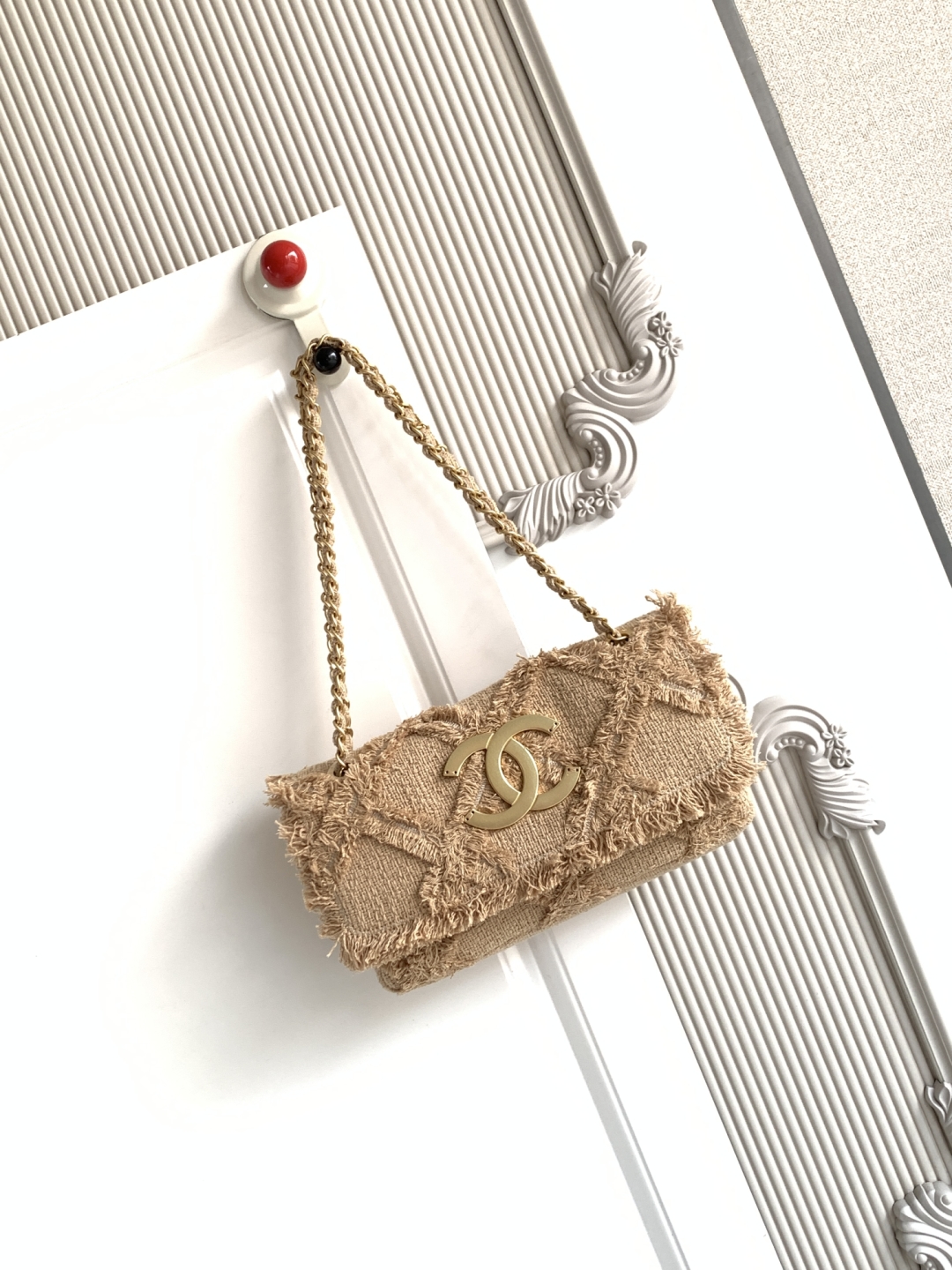 Chanel Vintage Straw Bag, Linen Woven with Tassel, Milk Tea Color,27cm