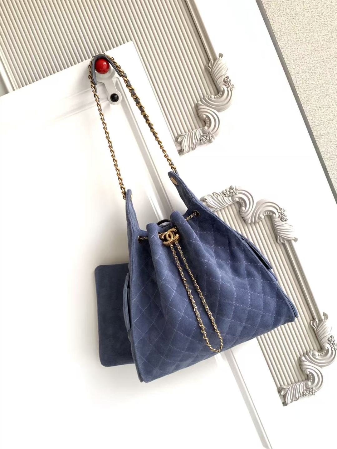 Chanel 25c Suede Hobo Bag with Gold Chain and Coin Accents - Blue