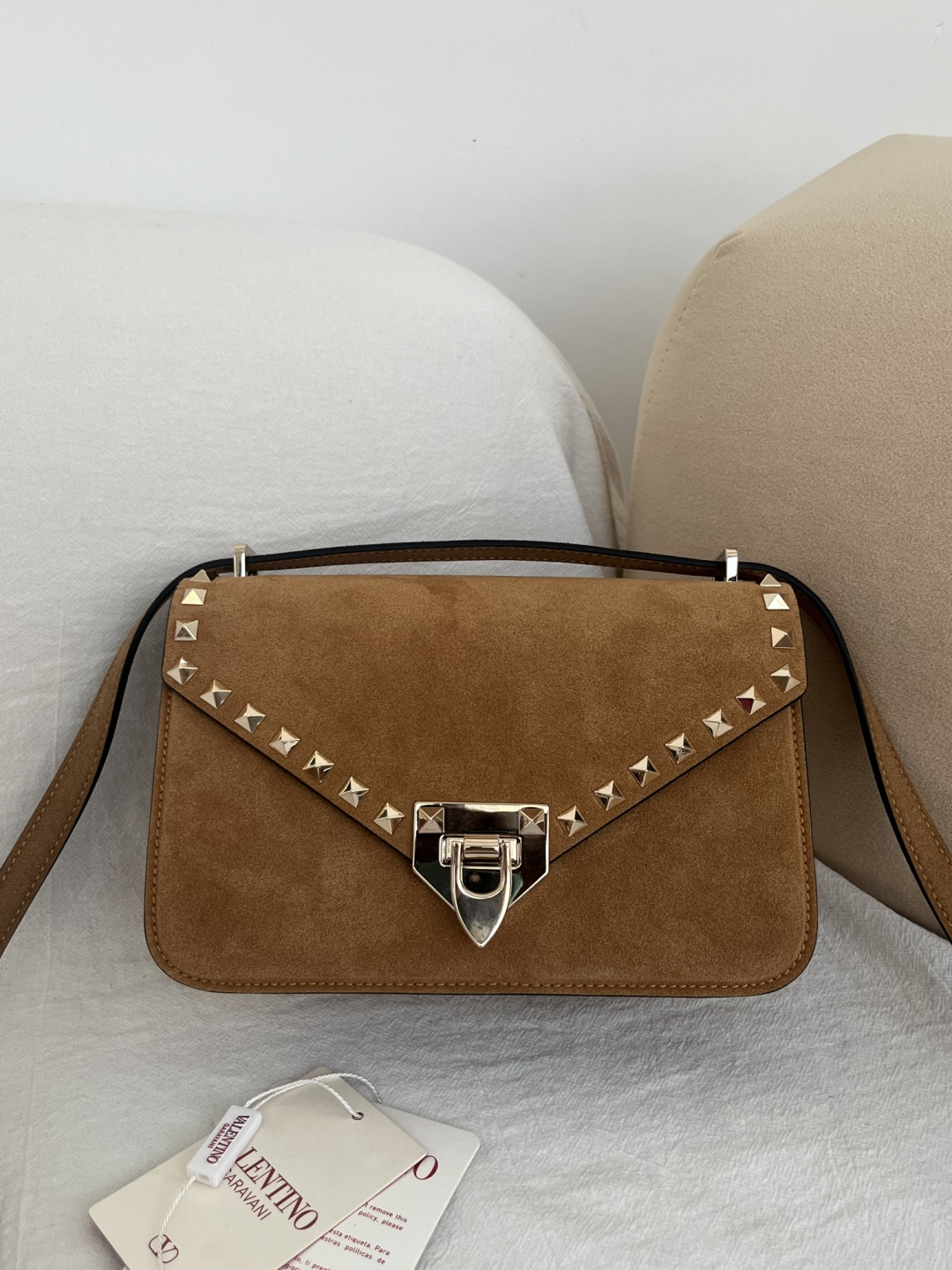 Valentino Brown Studded Flap Shoulder Bag
