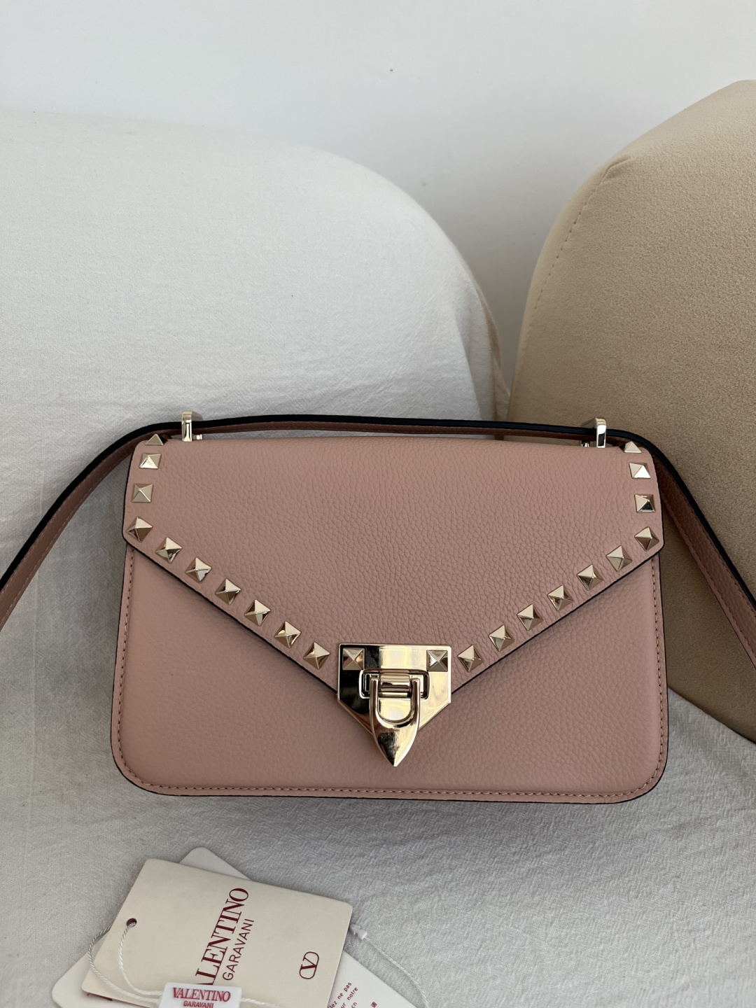 Valentino Taupe Studded Flap Shoulder Bag