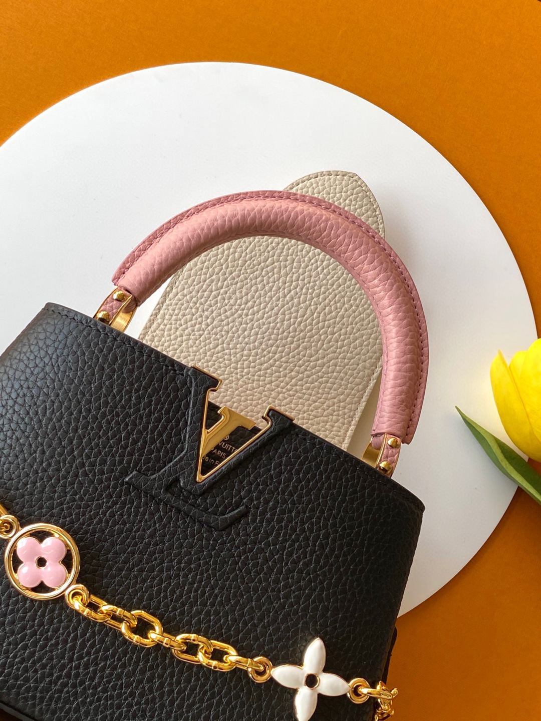 Louis Vuitton 全钢 M20845进口牛皮黑色配浅樱花粉色花卉三拼
