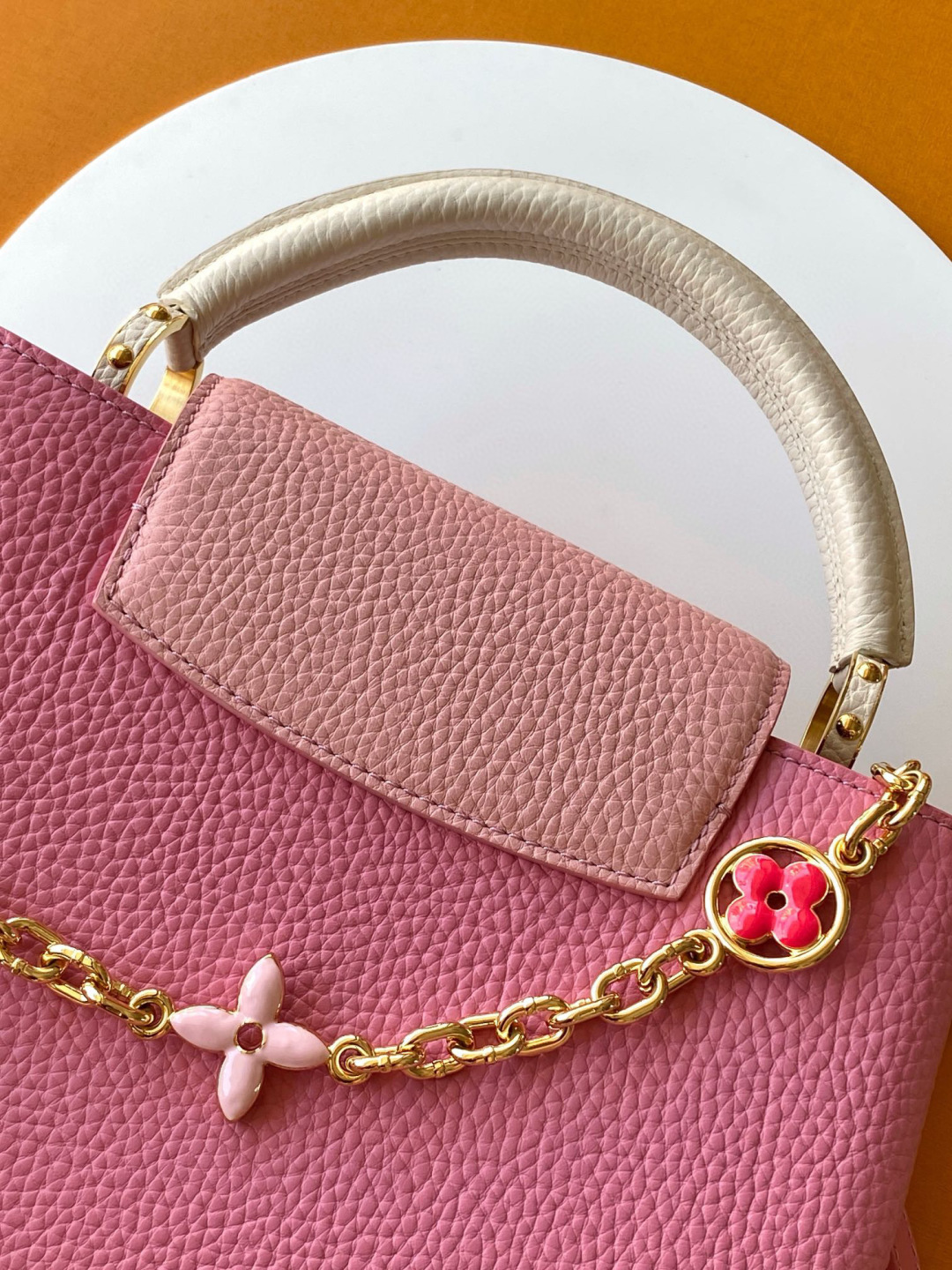 Louis Vuitton 全钢五金 M20844进口牛皮秋水仙色配浅樱花粉色花卉三拼